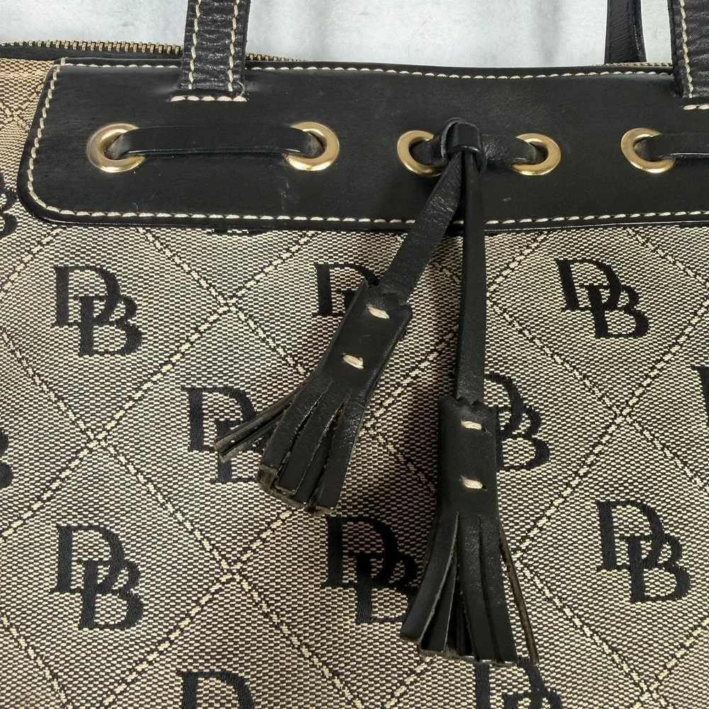 Dooney Bourke DB Signature Canvas Shoulder Tote Bag Black Leather Trim